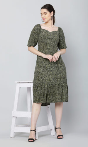Olive Green Leopard Print Midi Dress