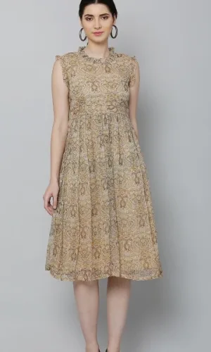 Beige Printed Chiffon Midi Dress.