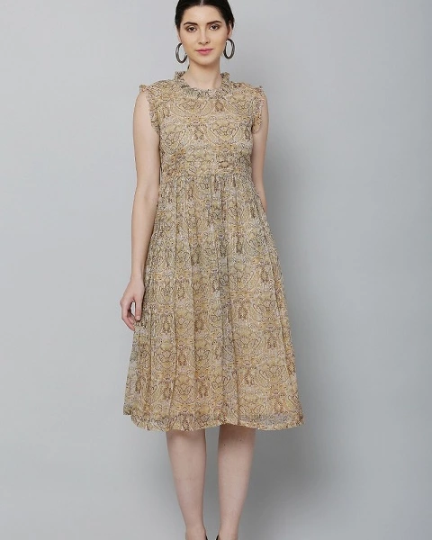 Beige Printed Chiffon Midi Dress.