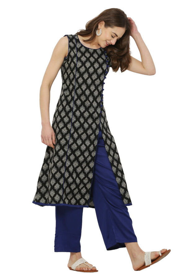 Black and Blue Cotton Print A-line Kurta with Palazzo Pant