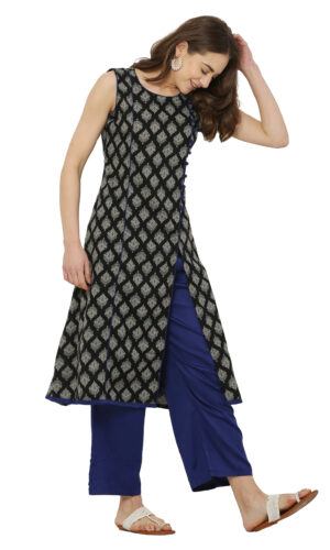 Black and Blue Cotton Print A-line Kurta with Palazzo Pant