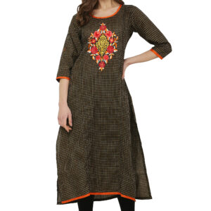 Black and Brown Checkered Embroidered A-Line Kurta