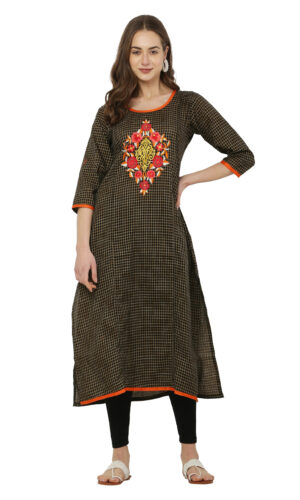 Black and Brown Checkered Embroidered A-Line Kurta