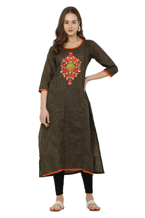 Black and Brown Checkered Embroidered A-Line Kurta