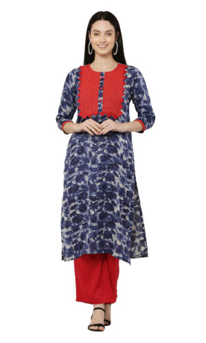 Cotton Voile Blue Print Kurta with Rayon Red Solid Palazzo