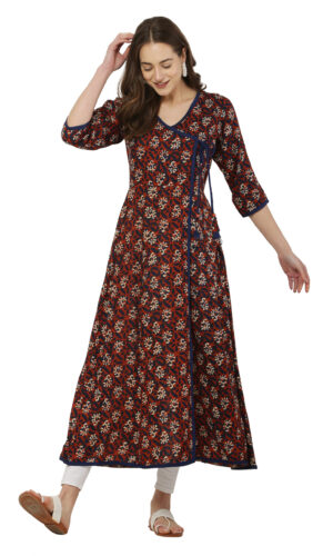 Rust And Blue Color Block Print Rayon Angrakha Style Kurta