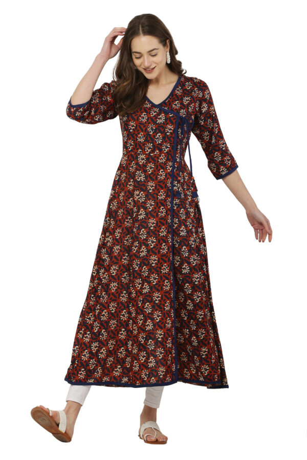 Rust And Blue Color Block Print Rayon Angrakha Style Kurta