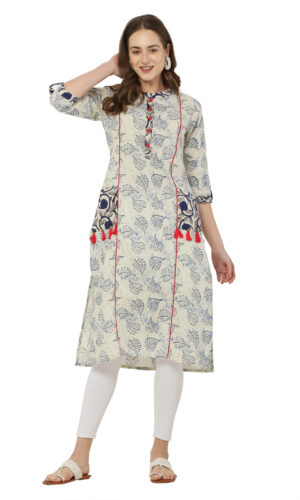 Cream Color Straight Fit Block Print Kurta