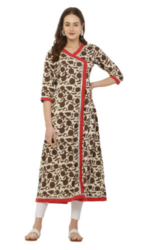 Cream and Brown Long Angrakha Style A-Line Kurta