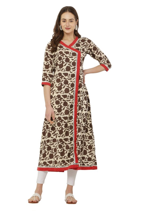 Cream and Brown Long Angrakha Style A-Line Kurta