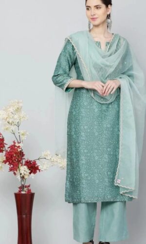 Green Chanderi Hand Embroidered Suit Set