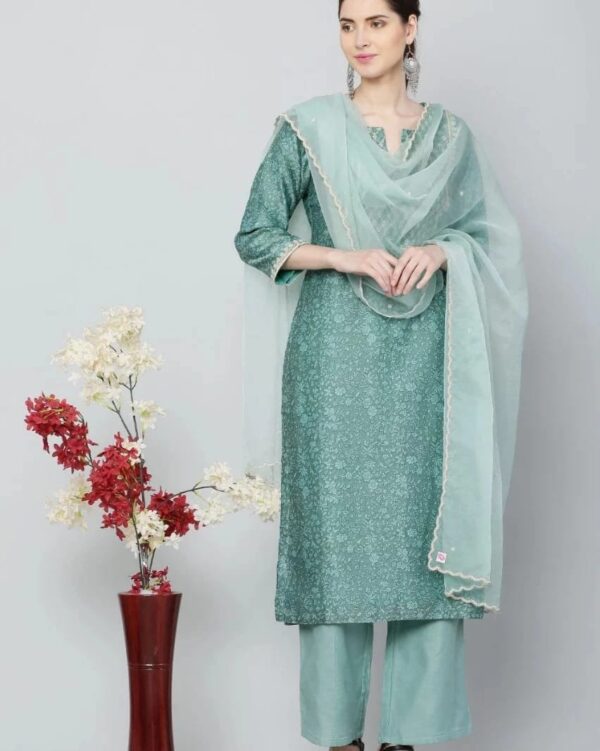 Green Chanderi Hand Embroidered Suit Set