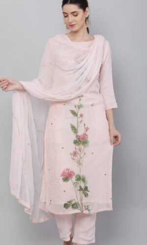 Baby Pink Georgette Hand Embroidered Suit Set