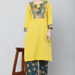 Yellow Gotta work Straight Kurta With Dark Green Floral Print  Palazzo Pant
