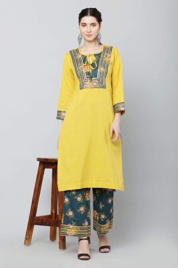 Yellow Gotta work Straight Kurta With Dark Green Floral Print  Palazzo Pant