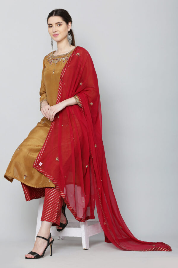 Mustered Brown and Reddish Maroon Hand Embroidered Suit Set