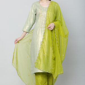 Sage Green and Lemon Yellow Hand-Embroidered Suit Set With Organza Dupatta