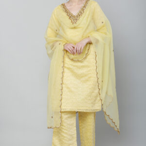 Lemon Yellow Chanderi Self Print Hand Embroidered Suit Set With Organza Dupatta