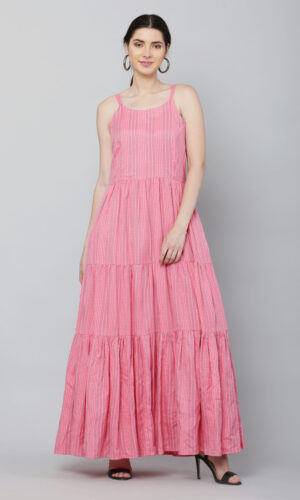 Pink Tiered Cotton Strappy Maxi Dress