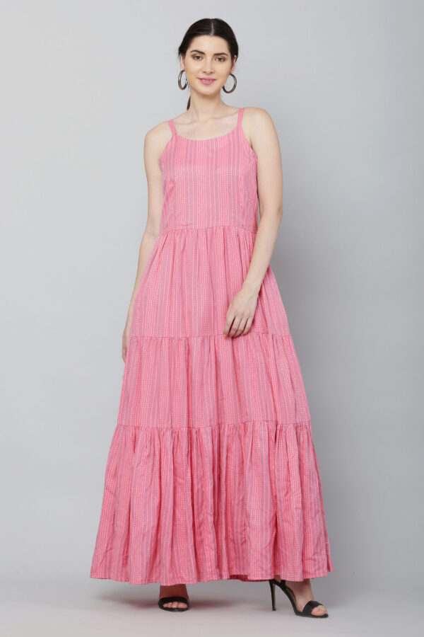 Pink Tiered Cotton Strappy Maxi Dress