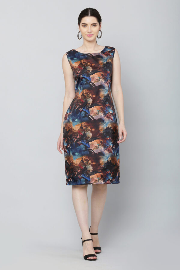 Multi Color Silk Straight Fit Midi Dress