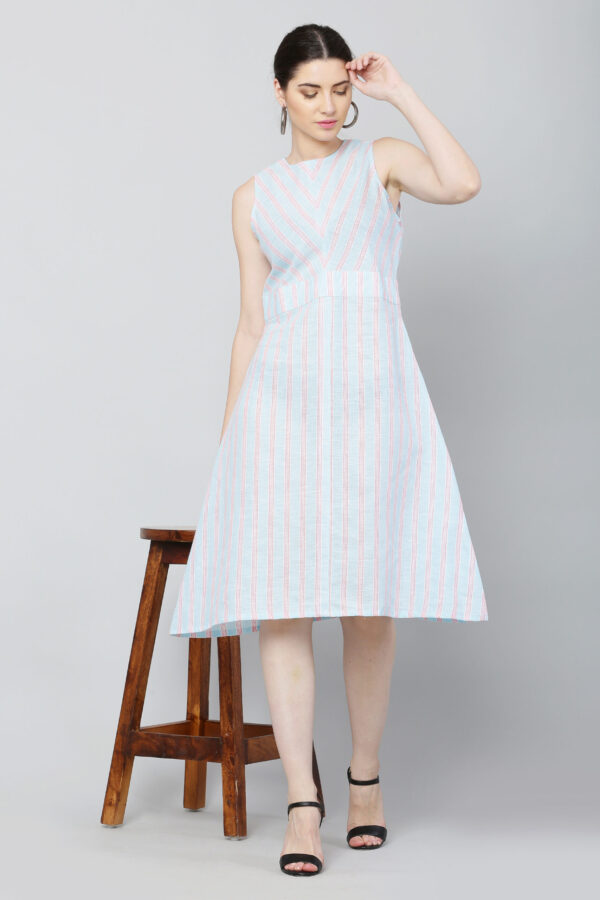 Sky-Blue Striped Cotton Midi Dress