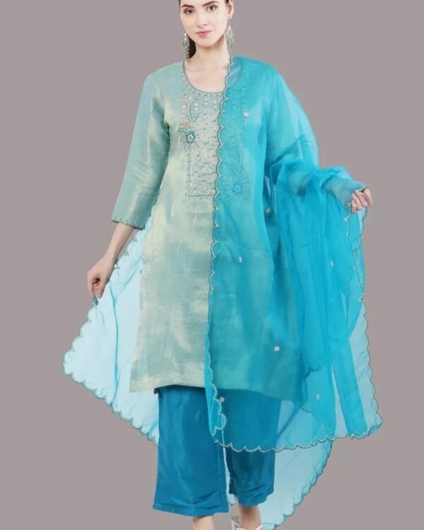 Sky Blue and Teal Blue Hand Embroidered Suit set with Organza Dupatta