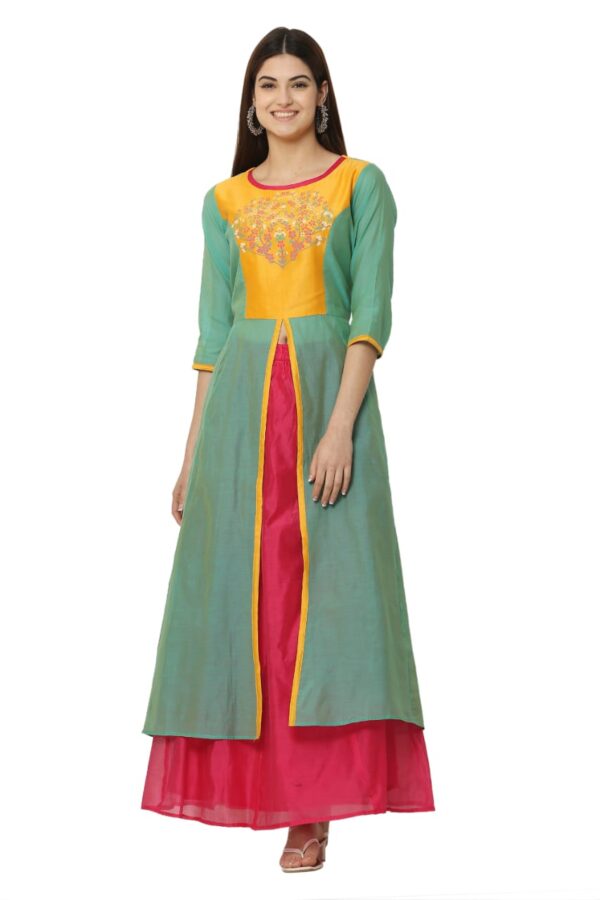 Green Chanderi Kalidar Kurta with Majenta Chanderi Skirt