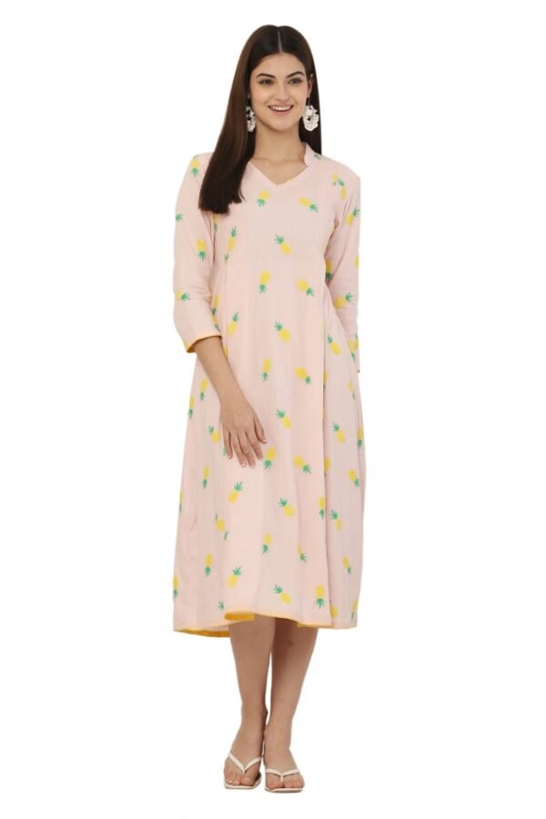 Baby Pink Cotton Embroidered Midi Dress