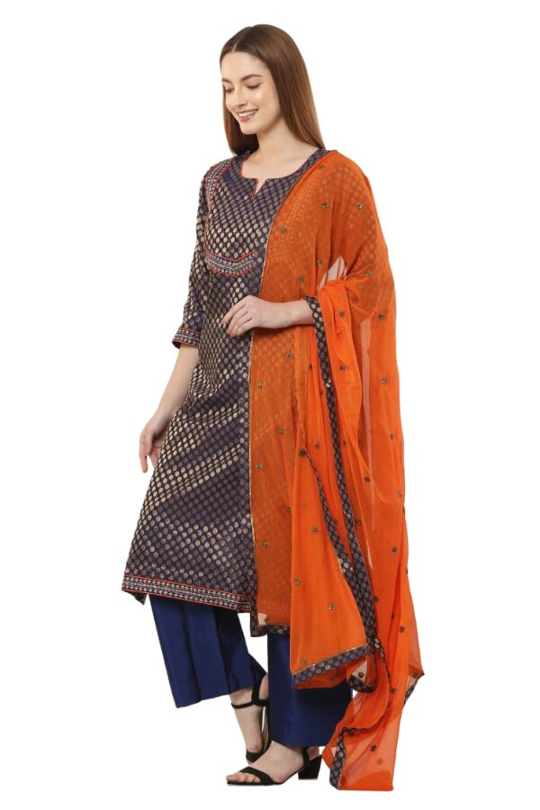 Navy Blue Gold booti Chanderi Hand Embroidered Suit