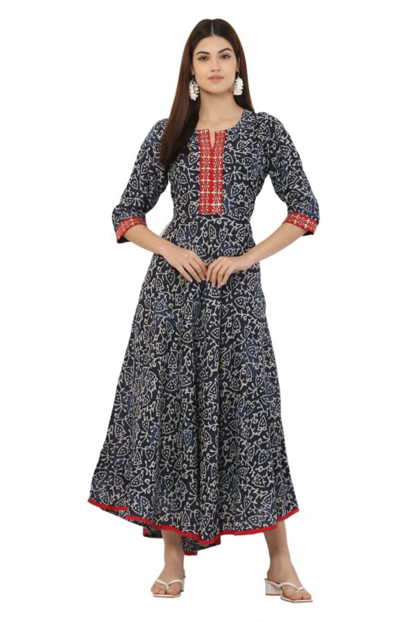 Navy Blue Chanderi Block Print Anarkali Embroidered Kurta