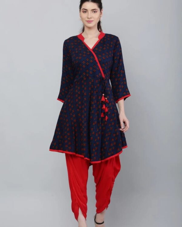 Rayon Navy Blue Angrakha Style Kurta With Dhoti