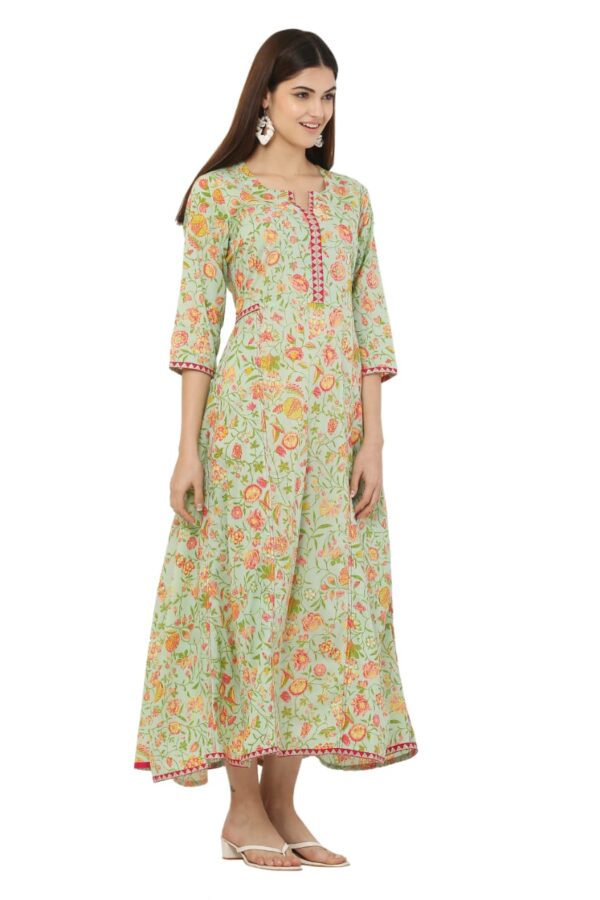 Sea Green Cotton Print Embroidered Kalidar Kurta