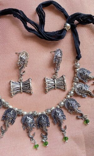 Antique Silver Oxidized Ganpati Face Necklace Set