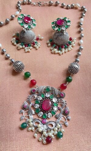 Antique Silver Multi Stone Necklace Set
